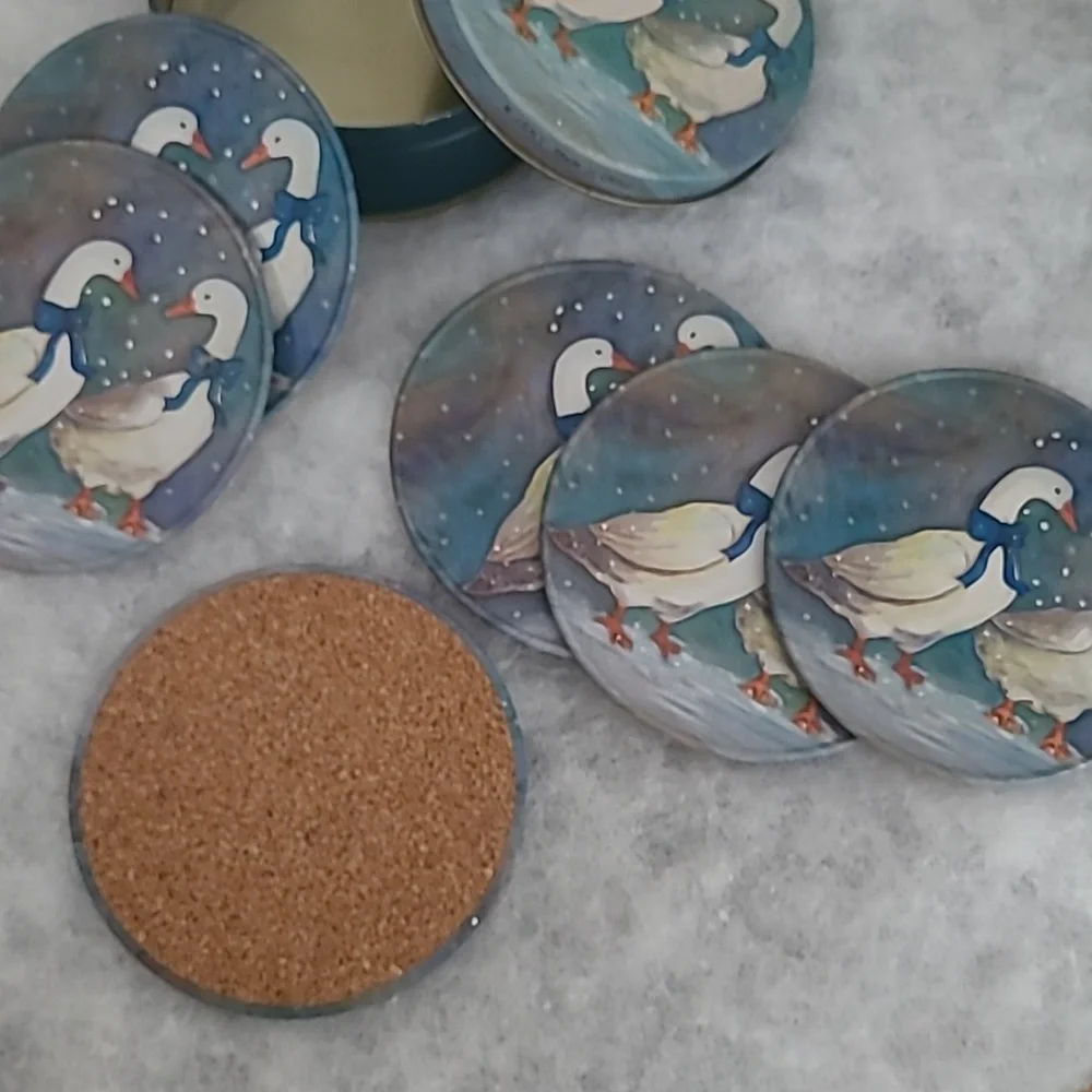 Winter geese coasters, Set Of 6, Vintage, J.S.N.Y. with a matching storage tin